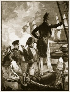 Kapitein Walpole onderschept de schepen van de Hertog van Saldanha, illustratie uit 