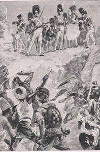 Volgelingen van Carmichael vuurden een salvo in de dichte menigte: Slag bij Bharatpur 1826, illustratie uit Britse gevechten op land en zee, 1915