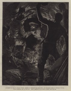 Voltooiing van de St. Gotthardtunnel, ontmoeting van arbeiders van de Airolo- en Goschenen-zijde, in het midden van de tunnel, zondagochtend, 29 februari, negen uur door William Heysham Overend