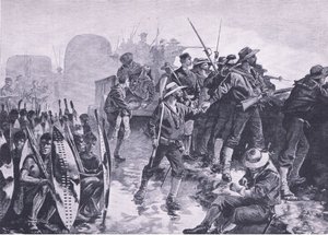 Verdediging van een laager tegen een Zulu-aanval, illustratie uit British Battles on Land and Sea, 1915