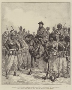 Generaal Ghous-ud-din Khan, commandant van de Afghaanse troepen in Penjdeh, met zijn Afghaanse soldaten door William Heysham Overend
