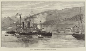 HMS Howe wordt de haven van Ferrol binnen gesleept door William Heysham Overend