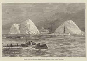 HMS Tyne en torpedoboten tussen ijsbergen in de Noord-Atlantische Oceaan door William Heysham Overend