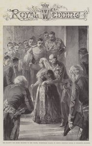 Hare Majesteit de Koningin begeleid naar de Kapel, Buckingham Palace, door Prins Christian Victor van Sleeswijk-Holstein door William Heysham Overend