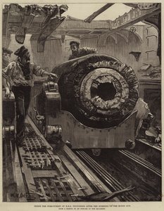 Binnen in de voorste toren van HMS Thunderer na het barsten van het 38-tons kanon