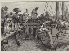 Het laden van een schoener met kokosnoten in Kingston, Jamaica