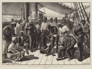 De heer Stanley en enkele van zijn Afrikaanse volgelingen aan boord van HMS Industry