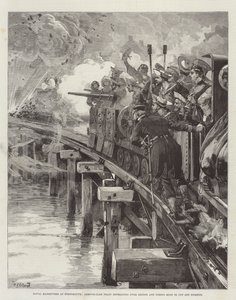 Marine manoeuvres in Portsmouth, pantser-trein trekt zich terug over brug en vuurt mijn om achtervolging af te snijden
