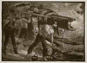 Zeestrijd: het bedienen van een scheepskanon, gegraveerd door W.J. Palmer