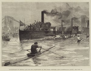 Sculling-race afgelopen maandag voor het wereldkampioenschap, geschetst boven Hammersmith Bridge