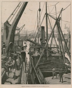 Materiaal laden in Woolwich voor de Souakim-spoorweg (gravure) door William Heysham Overend