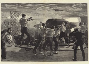Het bombardement van Alexandrië, de hoofdbatterij van HMS Alexandra (bakboordzijde) tijdens de actie