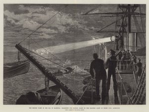 De Britse Vloot in de Zee van Marmara, op zoek naar Torpedoboten met het Elektrische Licht aan Boord van HMS Agincourt