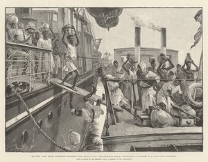 De Emin Pasha Relief Expedition bij Banana Point, 18 maart 1887, de stoomboot Madura brengt passagiers over naar een Congo-rivierstoomboot door William Heysham Overend