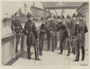 Het Franse squadron bij Spithead, admiraal Lord Clanwilliam en admiraal Gervais ontmoeten elkaar aan boord van de Fire Queen door William Heysham Overend