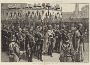 De keizerlijke kroning in Moskou, processie van de keizer en keizerin na de kroning