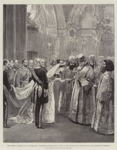 Het keizerlijke huwelijk in Sint-Petersburg, de bruid ontvangt heilig water in de kerk van Sint-Pieter en Sint-Paulus voor het huwelijk