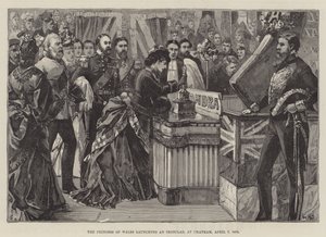 De Prinses van Wales doopt een gepantserd schip, in Chatham, 7 april 1875
