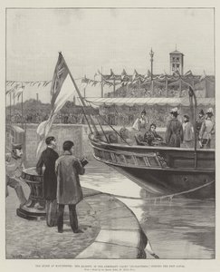 De Koningin in Manchester, Hare Majesteit, in het Admiraliteit Jacht Enchantress, opent het Scheepvaartkanaal door William Heysham Overend