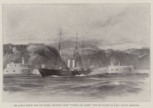 De terugkeer van de koningin van de Rivièra, het koninklijk jacht Victoria en Albert, met Hare Majesteit aan boord, vertrekkend uit Cherbourg