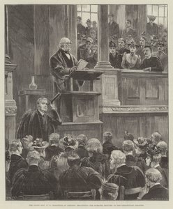 De zeer eerbiedwaardige W E Gladstone in Oxford, geeft de Romanes-lezing in het Sheldonian Theatre door William Heysham Overend