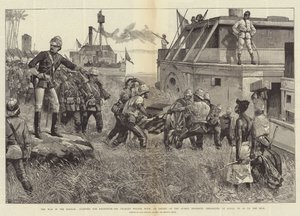 De oorlog in Soedan, vertrek naar Khartoum, Sir Charles Wilson met een escorte van het Sussex Regiment, inscheping bij Gubat, om de Nijl op te gaan