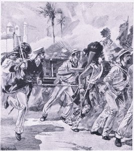 De marinebrigade van HMS Shannon bij Lucknow, november 1857, illustratie uit British Battles on Land and Sea, 1915 door William Heysham Overend