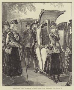 Drie dames van mode op weg naar Ye Olde English Fayre, in de Albert Hall