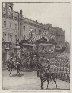 Vrijwilligersparade voor de koningin bij Buckingham Palace afgelopen zaterdag, het kunstenaarskorps marcheert voorbij door William Heysham Overend