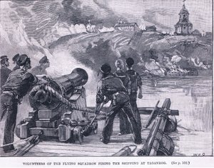 Vrijwilligers van het vliegende squadron die op de schepen bij Taganrog schieten, 1855 AD