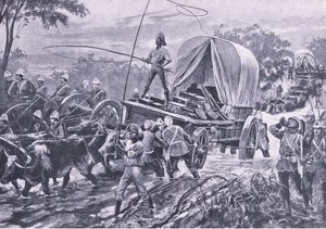 Zulu Oorlog: De Estowe Hulptroep steekt een stroom over, april 1879, illustratie uit British Battles on Land and Sea, 1915