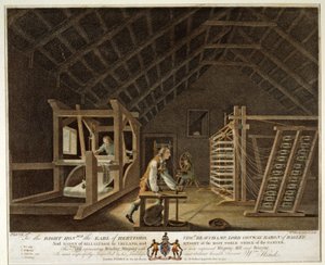 Winden, Oprapen met een Nieuw Verbeterde Oprapmolen en Weven, plaat VII van De Linnenfabriek van Ierland