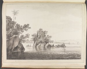 Gezicht op een geïsoleerde rots in de rivier de Ganges bij Jangerah [Jahangira] door William Hodges