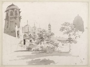Een Uitzicht op de Cuttera Gebouwd door Jaffier Cawn in Murishidbad, ca. 1781 (grijze was en potlood op papier) door William Hodges