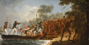 Landing bij Erramanga (Eromanga), een van de Nieuwe Hebriden door William Hodges