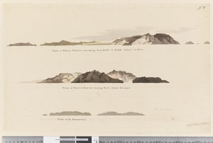 Pagina 8 (a) Uitzicht op Porto Santo van NNW tot WBN op 5 mijl afstand (b) Uitzicht op Porto Santo naar het noorden op 2 zeemijlen afstand en (c) Uitzicht op De Deserteurs