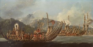 Review van de oorlogsgaljoenen in Tahiti door William Hodges
