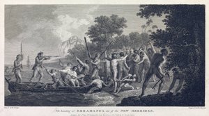 De landing op Erramanga (of Eromanga), een van de eilanden van Vanuatu (voorheen Nieuwe Hebriden, archipel in de Stille Oceaan), toont de bemanning van een kano die vecht met krijgers van het eiland