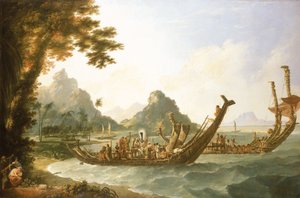 De oorlogsschepen van het eiland Otaheite (Tahiti) en de Society-eilanden, met een uitzicht op een deel van de haven van Ohaneneno, op het eiland Ulieta, een van de Society-eilanden