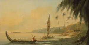 Uitzicht vanaf Point Venus, eiland Otaheite (Tahiti)