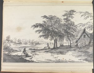 Uitzicht op een Indiaans dorp met een zittende man op de voorgrond door William Hodges