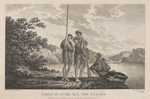 Uitzicht op de Bay of Islands (Dusky Bay) (Nieuw-Zeeland), met een Maori-familie. Gravure naar een tekening van William Hodges (1744-1797), rond 1785.