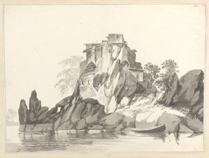 Gezicht op het eiland Jangerah [Jahangira] in de Ganges tegenover Sultanganj door William Hodges