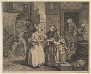 Een Hoerenloopbaan, Plaat 1 door William Hogarth