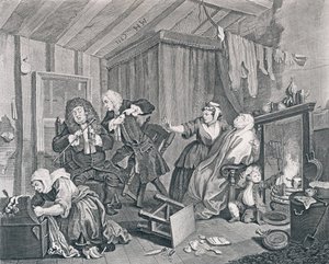 Het Verloop van een Hoer, Plaat Vijf: Sterft terwijl de Dokters Twisten, 1732 door William Hogarth