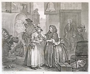 Het verloop van een hoer, plaat één: Verleid door een koppelaarster, 1732 door William Hogarth