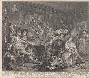 De levensloop van een losbol, plaat 3: Hij zwelgt door William Hogarth
