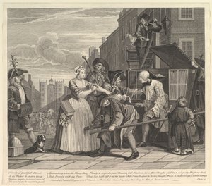 Een losbandig leven, plaat 4, 25 juni 1735 door William Hogarth