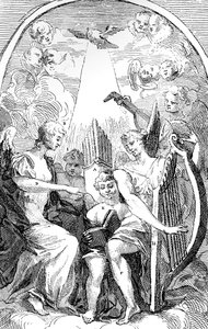 Een satire op het altaarstuk door Kent in de St Clement Danes kerk, Westminster, 1725