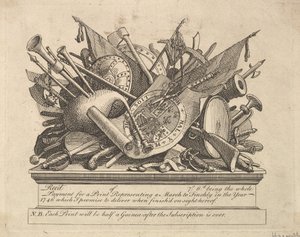 Een wapenrek, muziekinstrumenten, enz., maart 1749-50 door William Hogarth